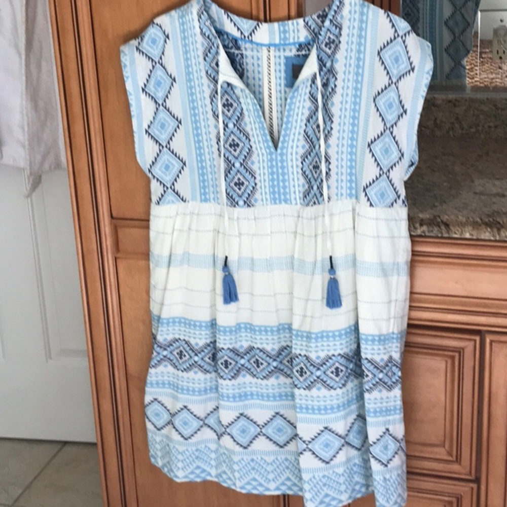 Anthropology cream/blue cotton dress with side pockets